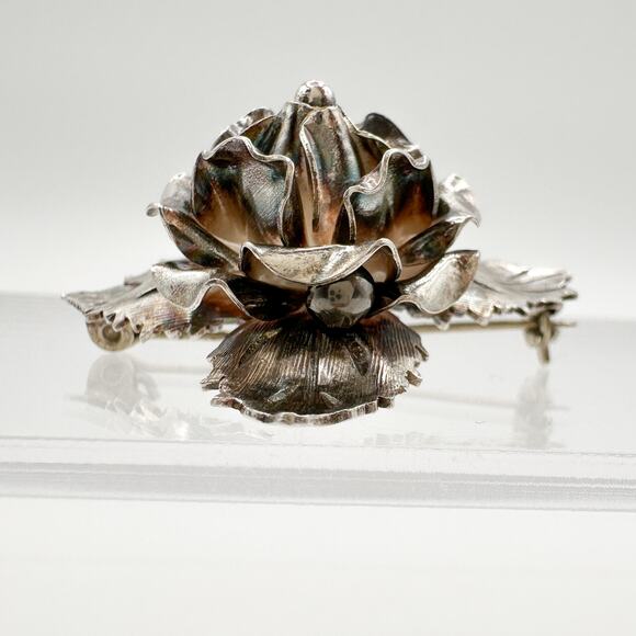 Taxco Mexico Silver Rose Brooch | 980 Floral Elegant Pin | Signed TB-51 - Picture 8 of 12
